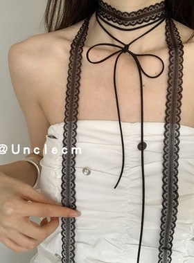 白色蕾丝飘带叠戴设计感项链女纯欲温柔百搭细窄长条丝巾锁骨颈带