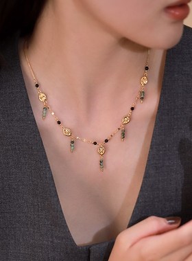 《雨林部落》复古设计小众高级感气质祖母绿纯银吊坠串珠项链女