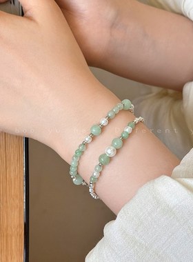 绿色系~碎银子天然石珍珠手链女复古中式串珠手饰小众设计感手串