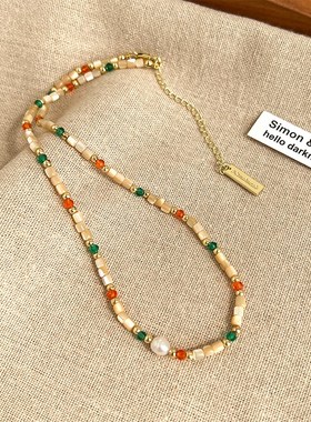 彩色珍珠串珠项链女款2024新款高级感轻奢小众毛衣链秋冬颈链配饰