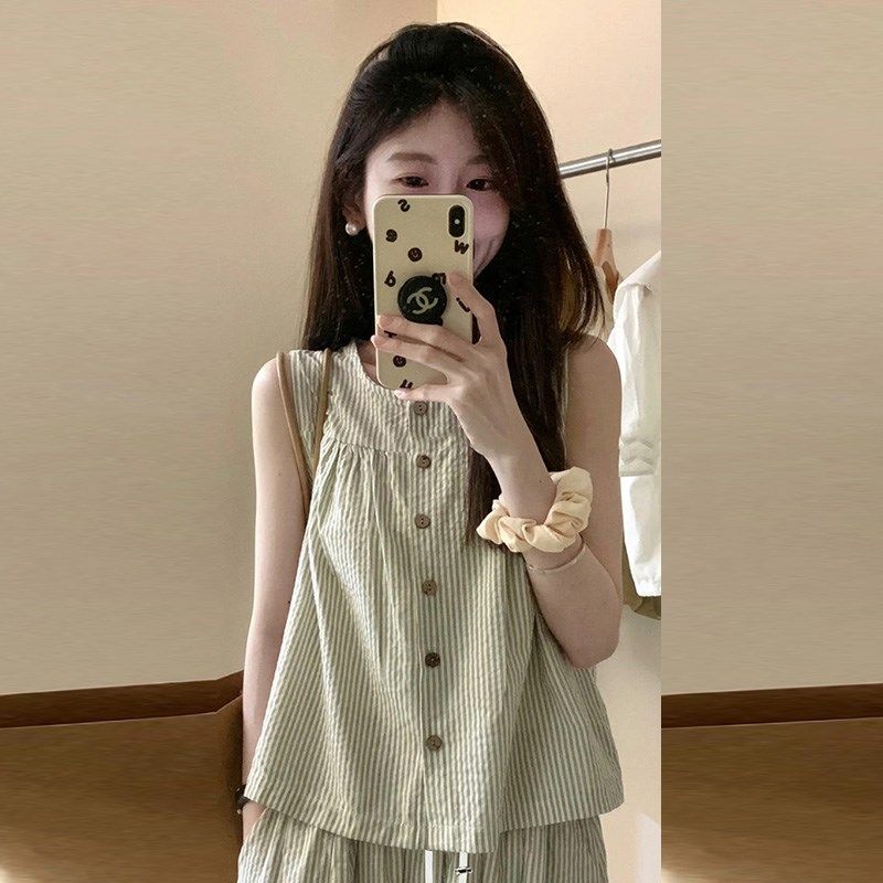 孕妇连衣裙套装夏2024新款条纹显瘦休闲无袖衬衫上衣半身裙两件套,淘宝优惠券,粉丝福利购,淘宝优惠卷