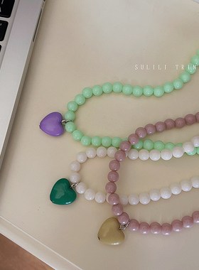早春夏季手工串珠爱心项链网红甜美可爱少女风桃心锁骨链百搭项饰