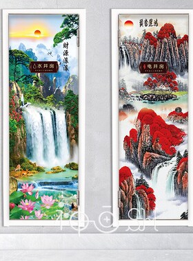中式山水电井门贴纸自粘包邮走廊过道装饰画风景画电井门翻新贴纸