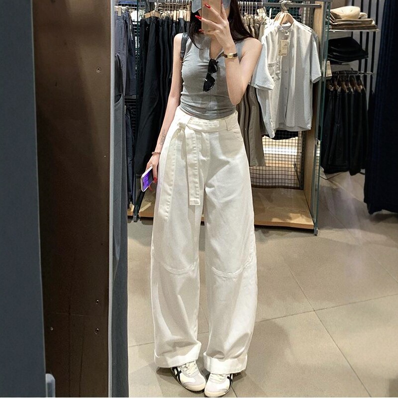 纯白调性飘带休闲阔腿牛仔裤女2025秋季新款高腰宽松显瘦垂感长裤
