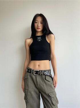 复古雕花头y2k辣妹黑色pu