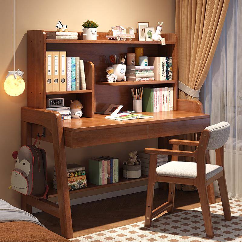Solid wood children's desk bookshelf integrated bedroom lifting desk student home study table and chair cover computer desk