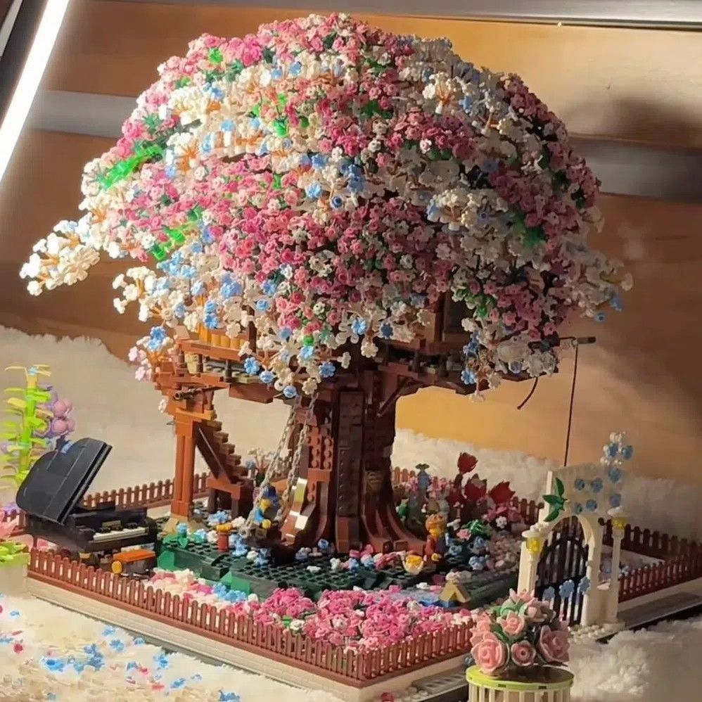 樱花树屋拼图小红书同款3d立体积木女孩益智高难度100颗拼装玩 - 图1