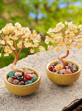 天然黄水晶碎石发财树玛瑙滚石茶盏底座聚宝盆水晶树家居桌面摆件