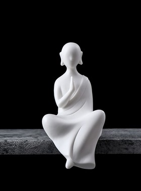 创意新中式玄关客厅禅意陶瓷无相佛小生小沙弥人物家居白瓷摆件