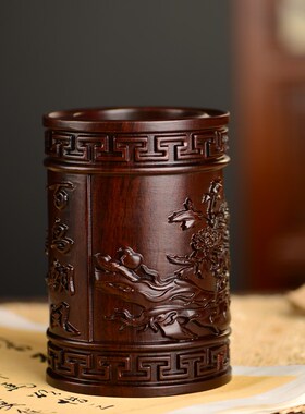 黑檀木雕白鸟朝凤笔筒工艺品办公室书桌家居客厅木质笔筒摆件送礼