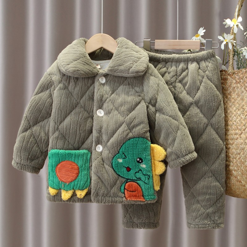 冬款加厚夹棉儿童法兰绒睡衣男女孩保暖珊瑚绒男女宝宝家居服套装 - 图0