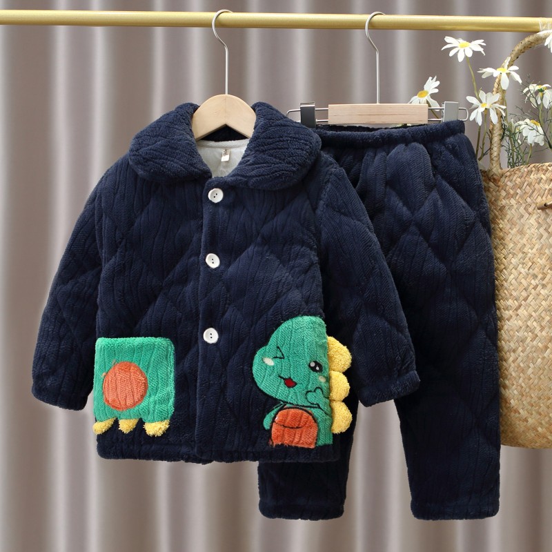 冬款加厚夹棉儿童法兰绒睡衣男女孩保暖珊瑚绒男女宝宝家居服套装 - 图1