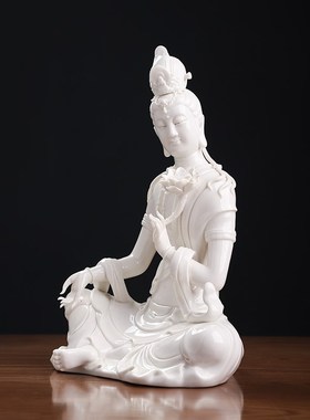 素茗中国白陶瓷莲花水月自在观音中式禅意客厅玄关摆件佛像工艺品
