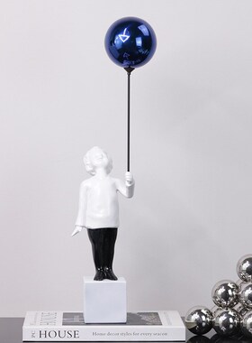 北欧现代样板房售楼处小男孩拿气球雕塑摆件儿卡通创意装饰摆设