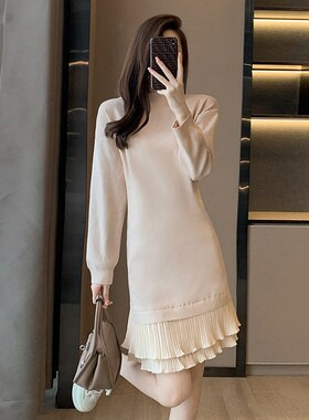 高级感配大衣百褶针织连衣裙女秋冬2024新款法式内搭打底毛衣裙子
