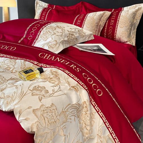 轻奢风婚庆四件套红色拼接被套纯棉结婚床单新房乔迁全棉床上用品 - 图1