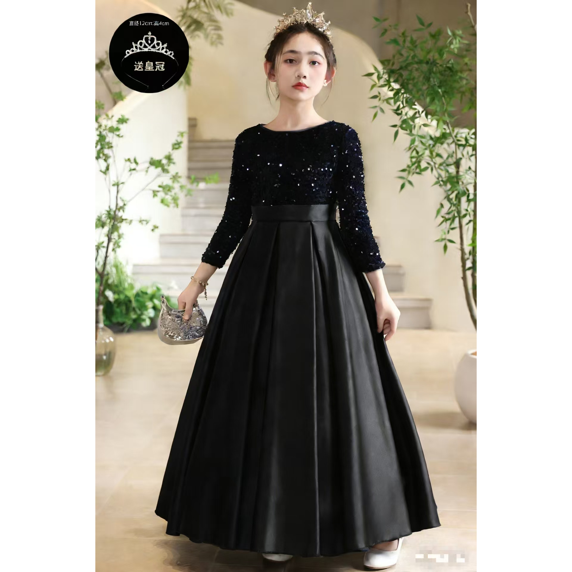 女童黑色长袖大摆裙亮片裙主持人礼服钢琴演奏表演服合唱团演出服,淘宝优惠券,粉丝福利购,淘宝优惠卷