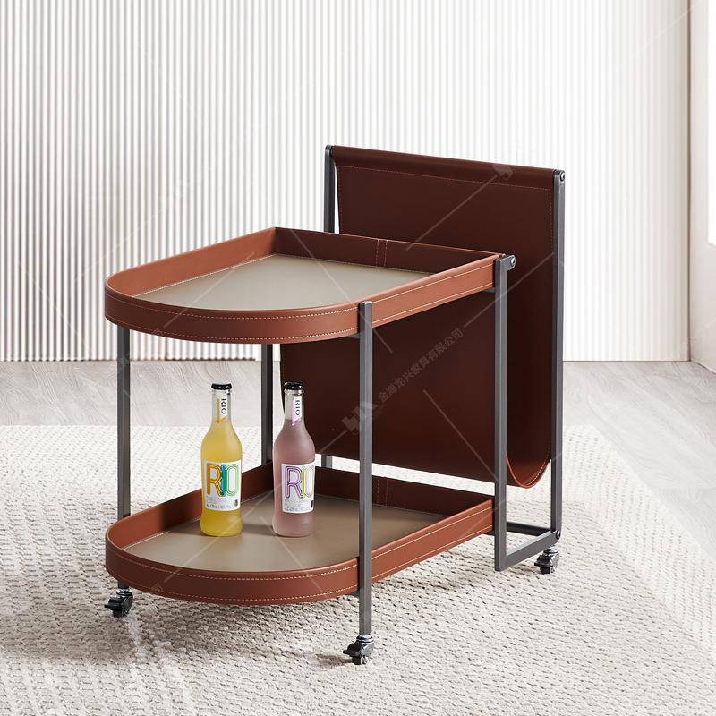 轻奢马鞍皮沙发边几客厅阳台可移动置物架设计感推车小户型茶几 - 图0