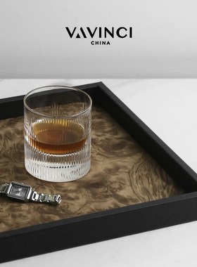 梵其中古轻奢手工木皮托盘长方形皮质家用收纳卧室茶几香薰首饰盘