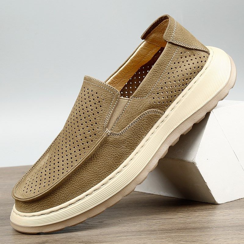 夏季男鞋真皮超轻薄休闲皮鞋男镂空打孔透气软底软面一脚蹬懒人鞋,淘宝优惠券,粉丝福利购,淘宝优惠卷