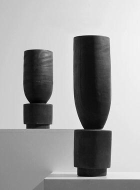 侘寂风碳化木花瓶摆件民宿样板房软装饰品实木插花花器新中式