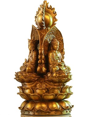 纯黄铜 婆娑三圣三面佛 供奉神像释迦摩尼佛祖观音地藏王菩萨摆件