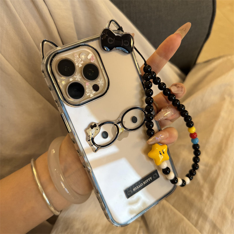 黑色长耳朵透明KT猫戴眼镜适用iPhone16promax手机壳新款苹果15pro创意磨砂14pro个性13pro可爱16pro防摔保护,淘宝优惠券,粉丝福利购,淘宝优惠卷