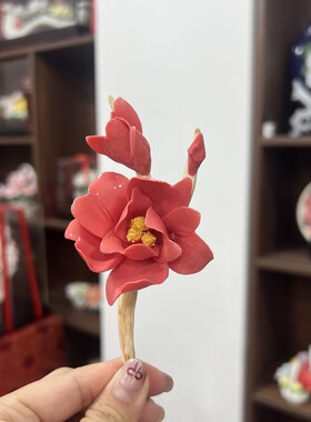 陶瓷手工花摆件创意牡丹花枝纯手工手捏立体粉色陶瓷牡丹花枝