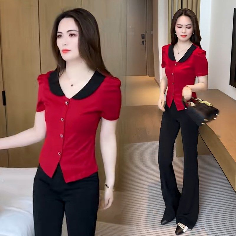 设计感短袖T恤女士夏季2025新款小个子修身显瘦翻领短款体恤上衣,淘宝优惠券,粉丝福利购,淘宝优惠卷