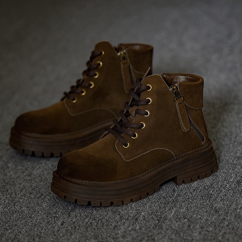 圆头短靴女厚底小个子中跟秋冬靴B子女系带马丁靴女粗跟复古女靴 - 图0