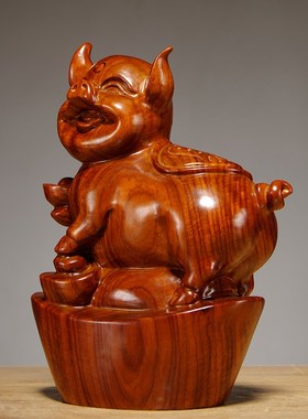 黑檀实木动物雕刻十二生肖元宝猪摆件家居样N板间客厅酒柜装饰摆