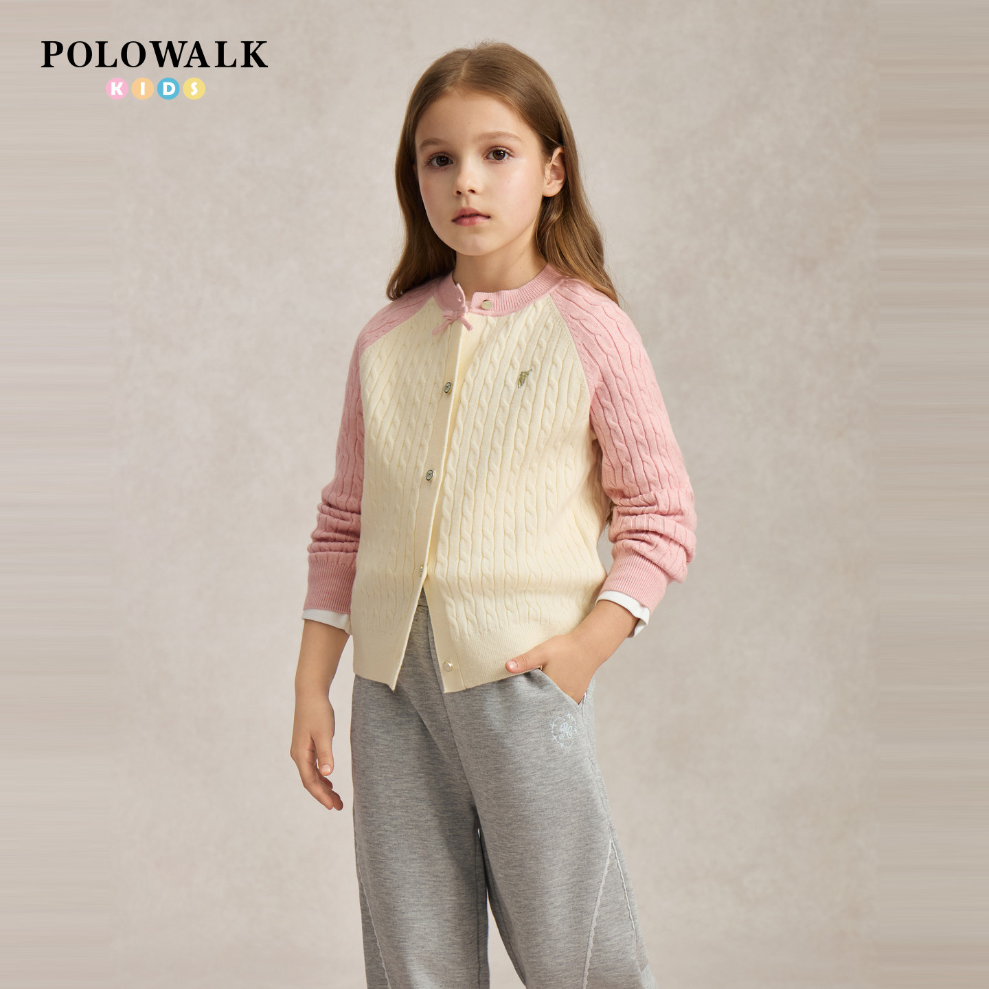 POLOWALK女童撞色拼接针织开衫