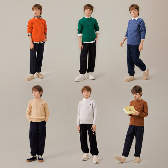 POLOWALK童装男女童绞花针织衫2025秋冬新款圆领纯棉保暖套头毛衣