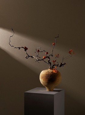 侘寂风枯枝花艺复古中古风桌面高级花瓶陶罐仿真红果中式高端摆件