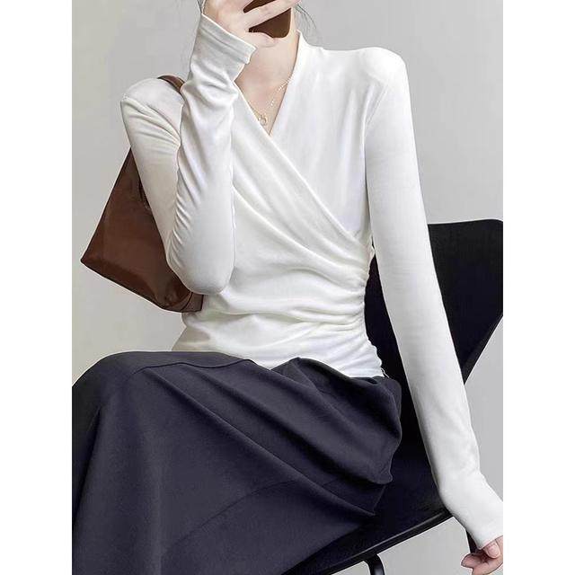春秋冬纯欲V领打底衫长袖女内搭修身显瘦T恤交叉洋气气质上衣服,淘宝优惠券,粉丝福利购,淘宝优惠卷