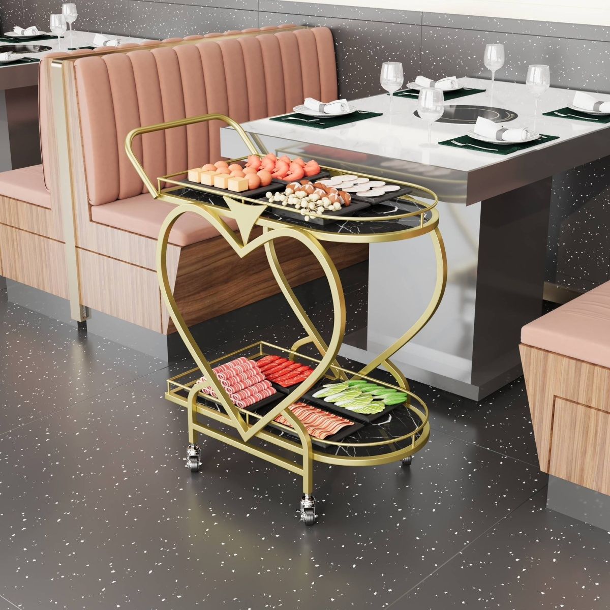 北欧移动小推车高档收纳车酒店酒水车金色多层铁艺餐车餐厅传菜车 - 图2