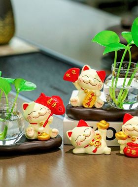 猫形花瓶可爱招财猫摆件办公室工位解压发财猫咪装饰品桌面情绪稳