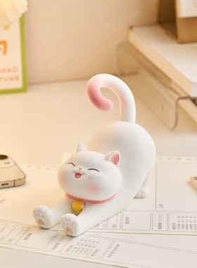 呆猫手柄支架可爱创意暹罗伸懒腰手机桌面床头植绒招财猫高