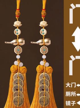 五帝钱门对门开口葫芦挂件黄杨木新款铜钱吉祥结家装居家园林摆件