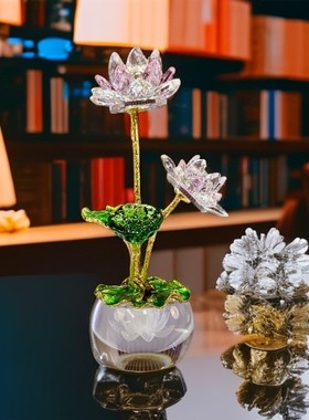 【新款荷塘月色】K9水晶内雕莲花底座双头荷花家居玄关电视酒柜摆