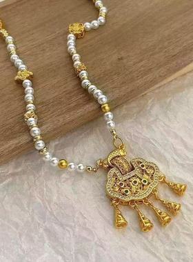 古法双锦鲤项链岁时新中式小众项链百搭复古如意铃铛铜毛衣链