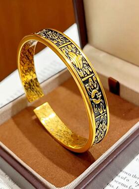 复古黑金手镯国风雕花高级氛围感