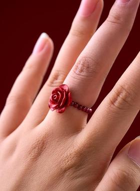 安也朱砂戒指女转运珠玫瑰花食指