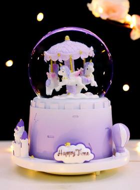 粉色旋转木马城堡特大号外旋转自动飘雪彩灯水晶球八音盒生日礼品