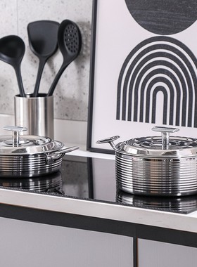 轻奢系样板间厨房组合装饰品摆件汤锅煎锅具不锈钢螺纹软装道具