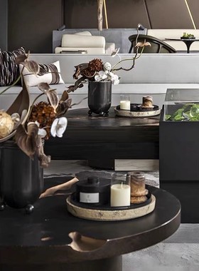 WU 物兮物现代极简o样板间大厅洽谈区茶几黑色花器大理石果盆客厅