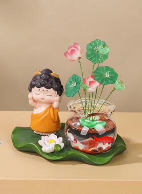 赐福小佛祖&好运锦鲤罐荷叶底座摆件文化创意礼品和尚汽车小摆件