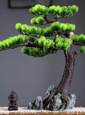 鱼缸装饰造景摆件迎客松客厅假山玄关柜仿真罗汉松树酒店生态景观