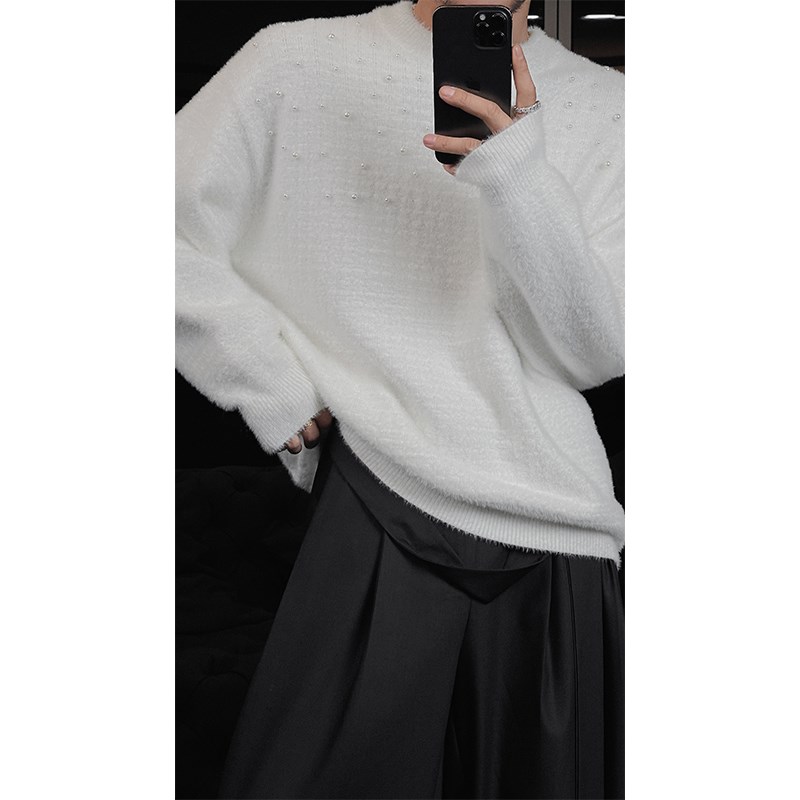 龙叨叨2024秋季新款百搭亲肤柔软包芯纱毛衣珍珠圆领宽松休闲上衣 - 图0