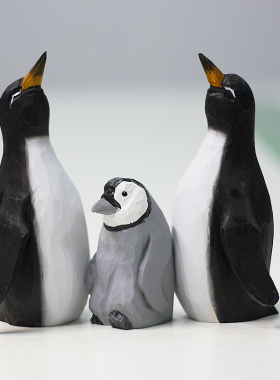 包邮 鹿妖商店 企鹅木雕 帝企鹅宝宝 摆件  手工 实木雕刻